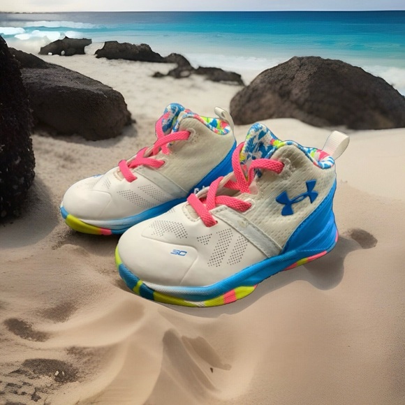 Under Armour Kids Colorful Sneakers Size 5 K Pink Laces White Blue Yellow - Picture 2 of 10